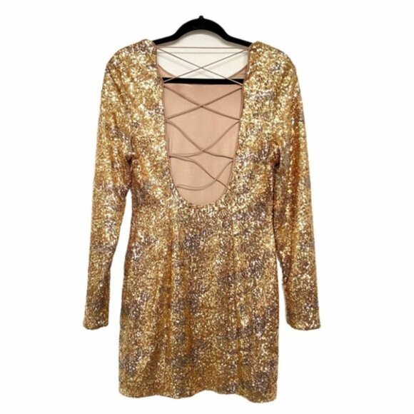 Guess NWT LS Klara Gold Sequin Long Sleeve Dress - Picture 5 of 10
